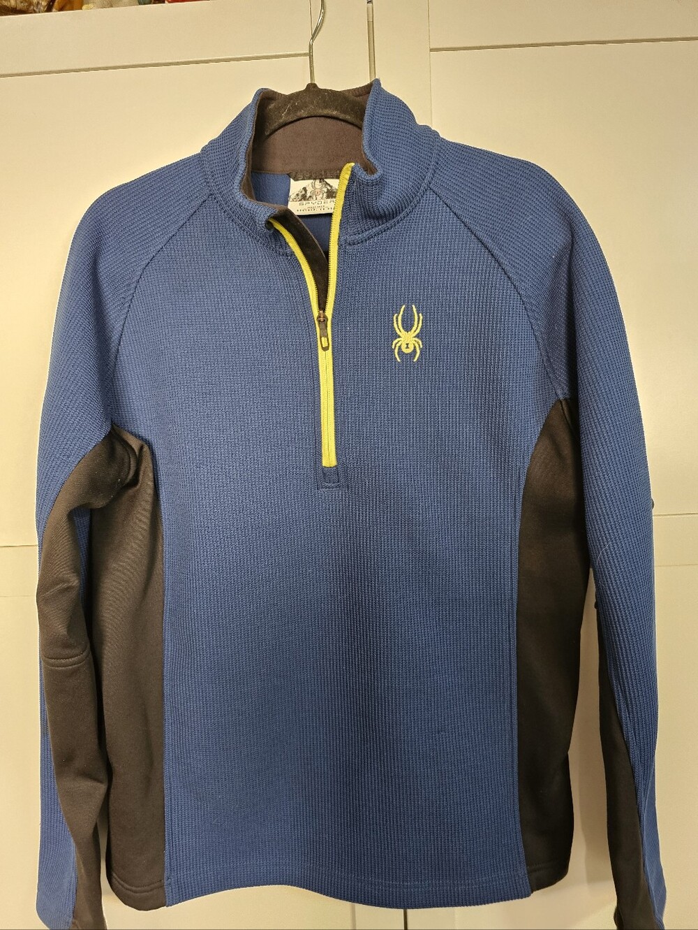 Spyder Mens Blue Black Quarter Zip Pullover Waffle Knit Fleece Ski Outdoor M